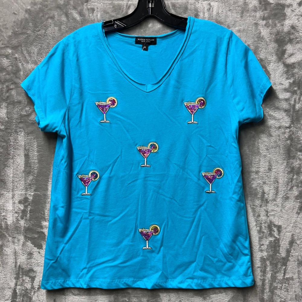 Alexis Taylor New York Turquoise Martini Cocktail Sequin Embellished T-Shirt - M